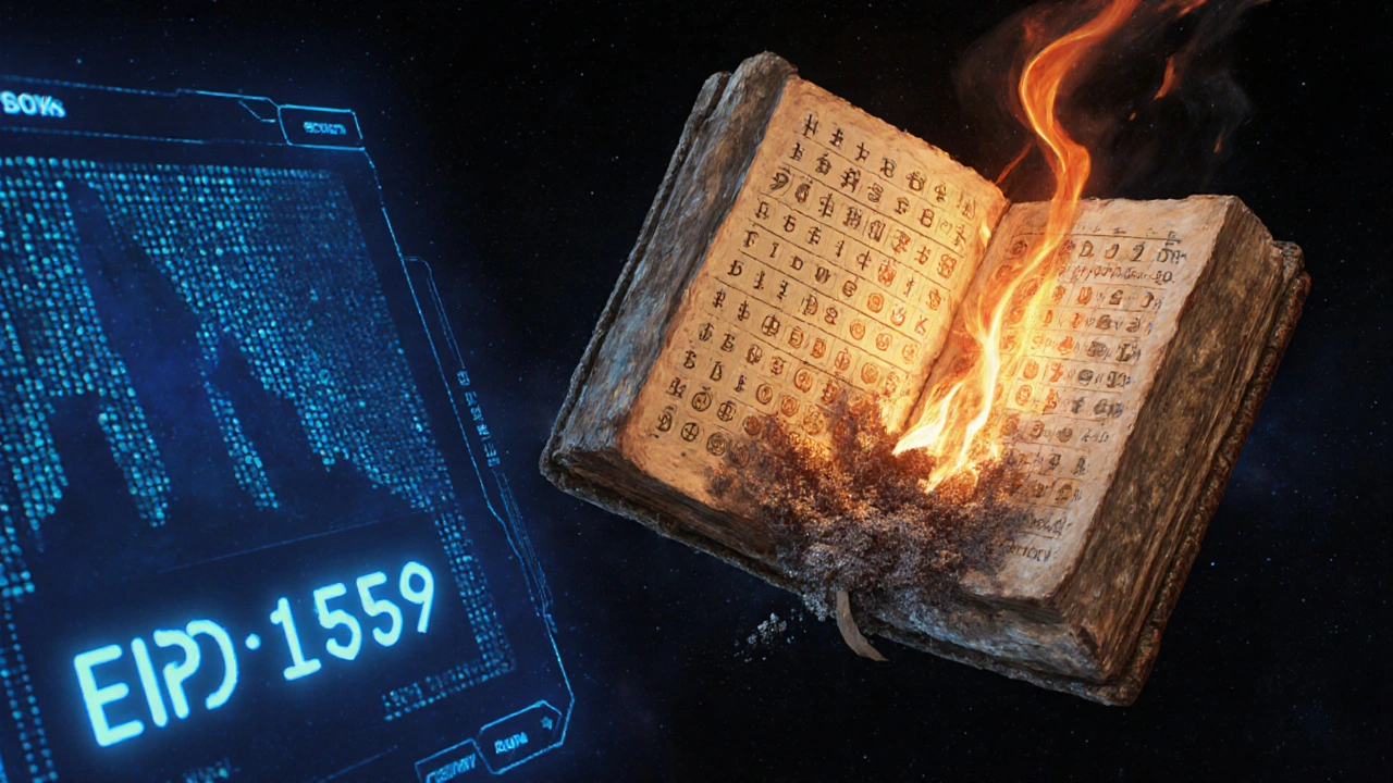 Древний реестр горит, токены превращаются в пепел, цифровой интерфейс показывает рост сжигания.