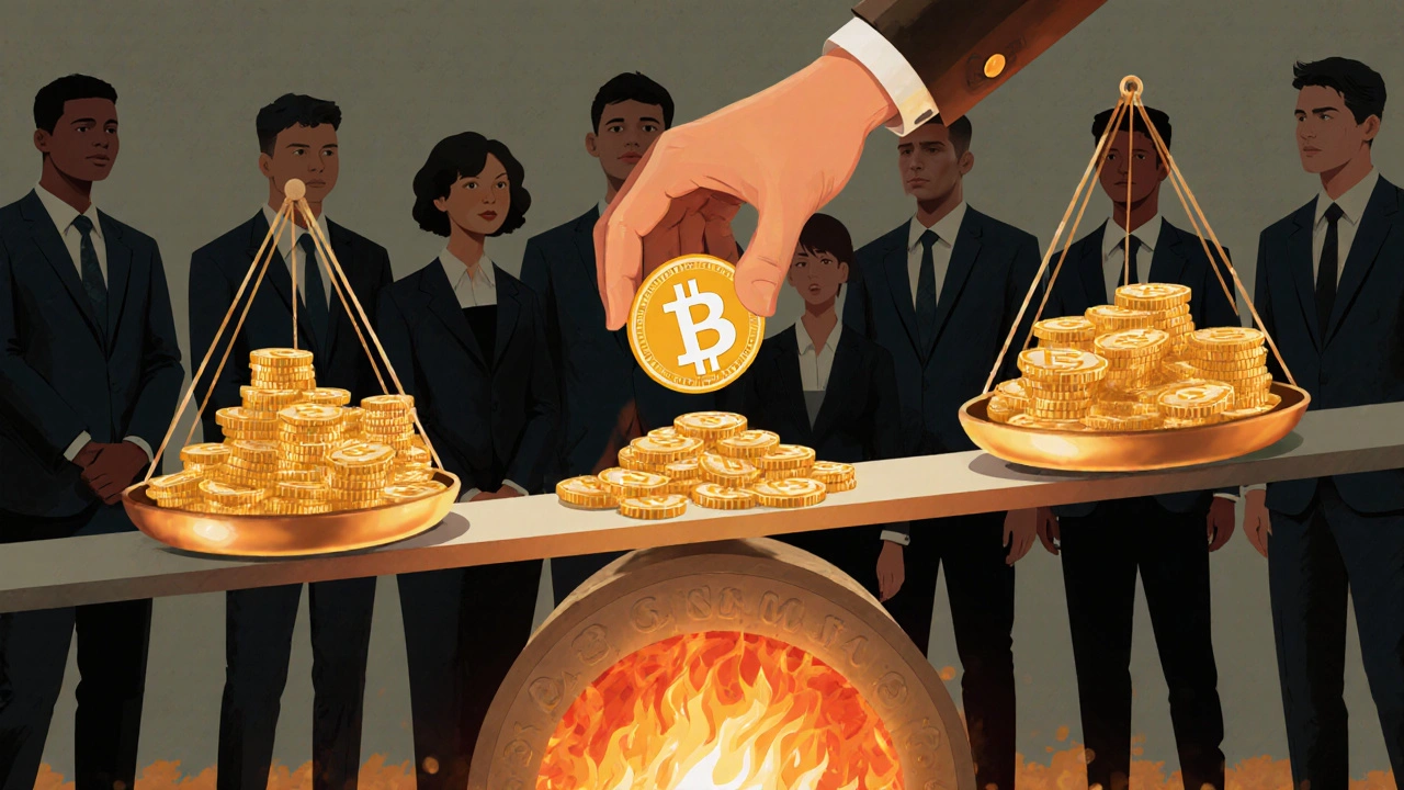 Весы балансируют на блокчейне: токены падают в огонь, сокращая предложение.