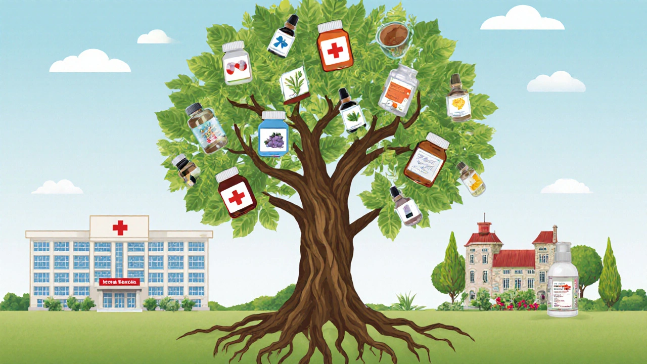 Дерево с корнями-таблетками и ветвями-препаратами, символизирующее слияние природы и медицины.