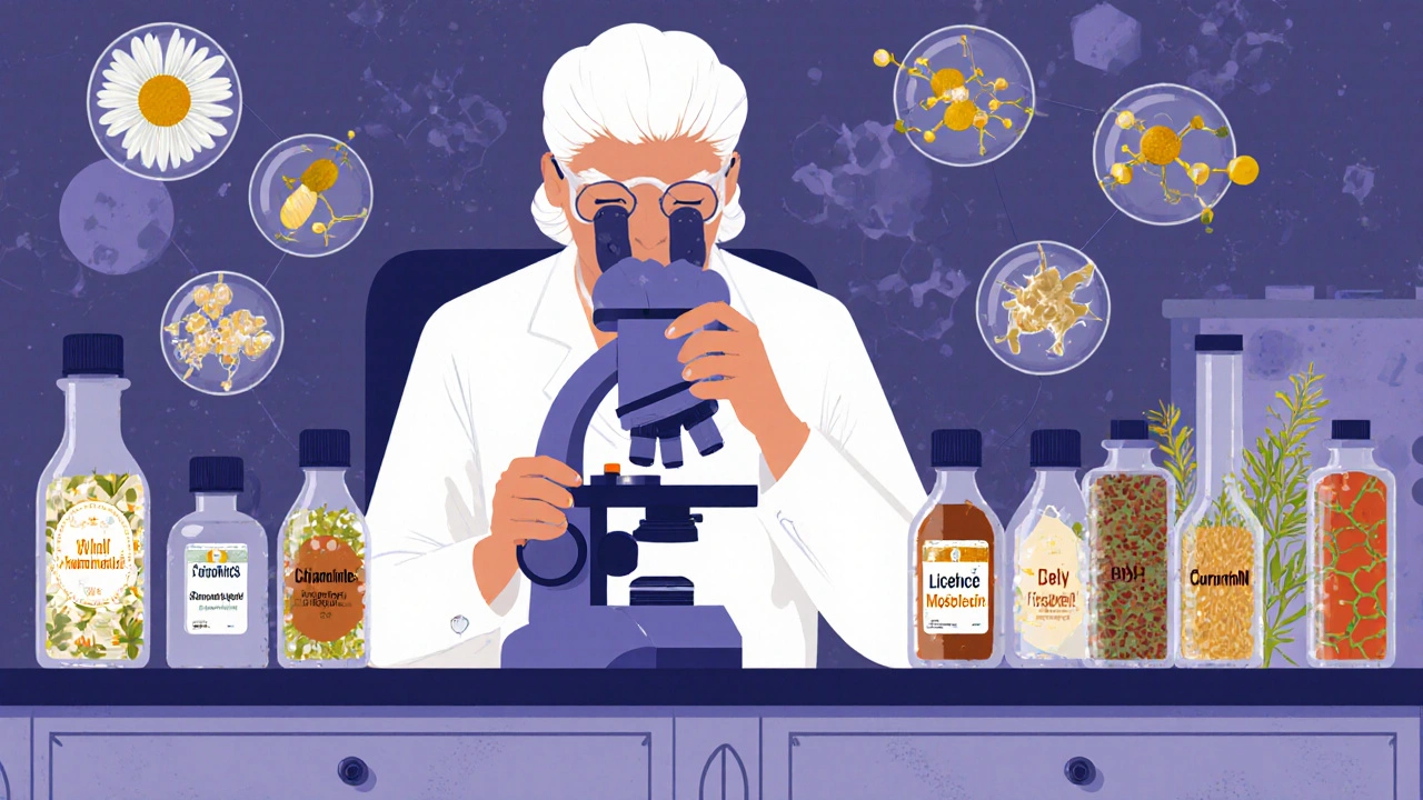 Ученый в лаборатории изучает растительные экстракты под микроскопом с молекулярными структурами.