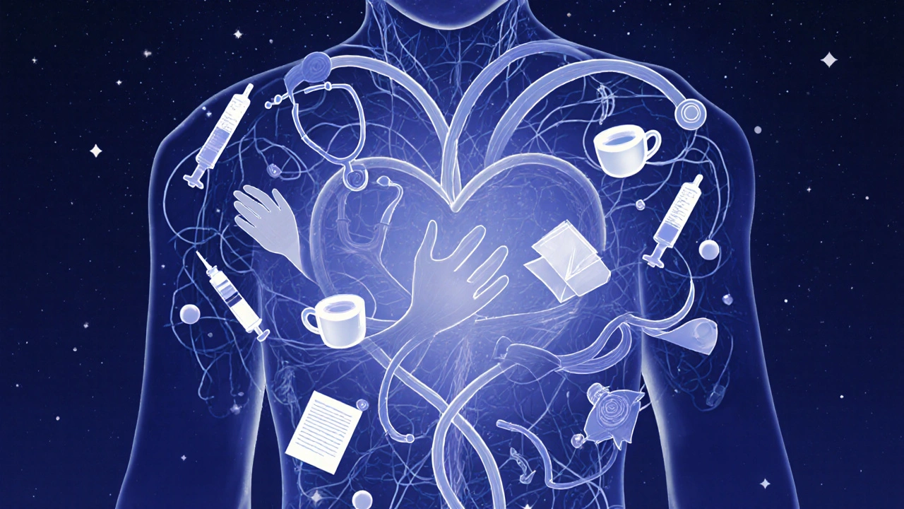 Абстрактное сердце, сплетенное из медицинских символов и человеческих жестов заботы.