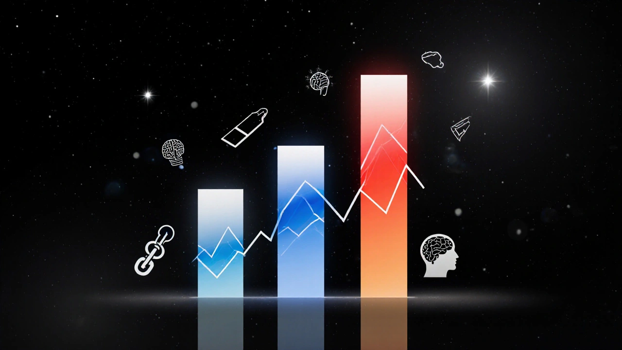 Абстрактные столбцы показателей NFT: объём, активность, цена — текущее состояние в жёлто-оранжевых тонах.