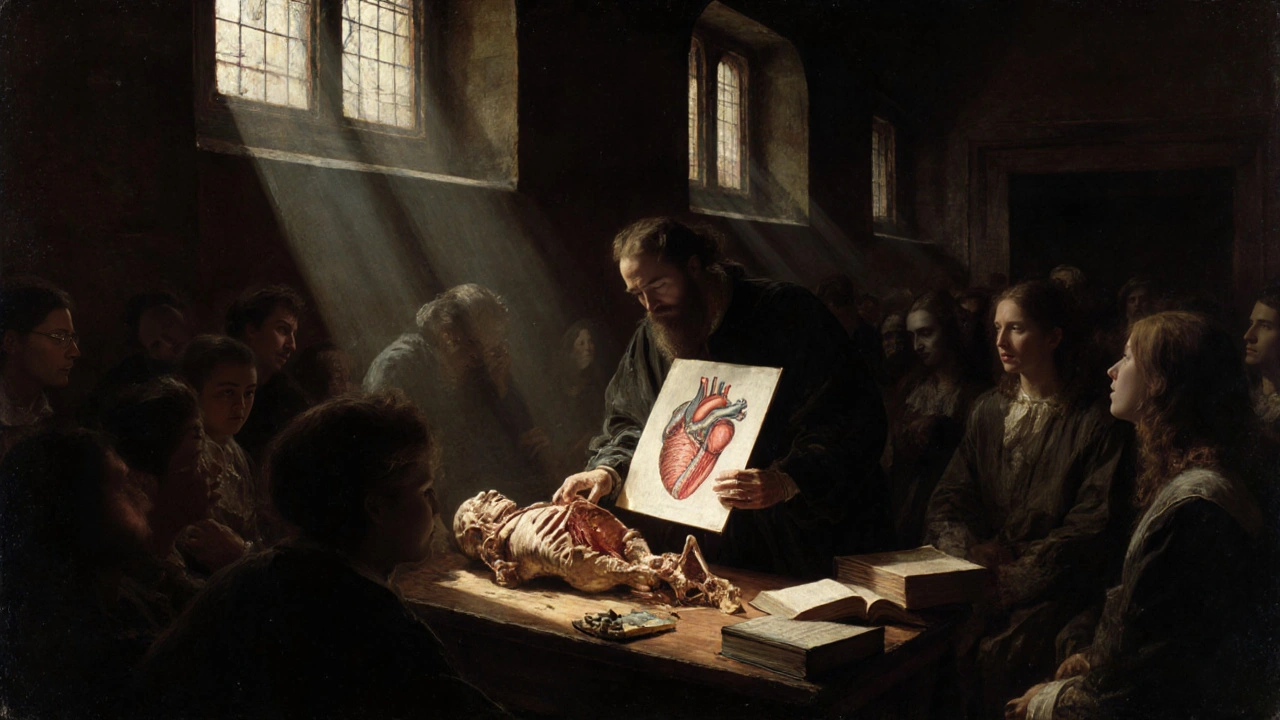 Анатом проводит вскрытие в аудитории, студенты наблюдают за сердцем.