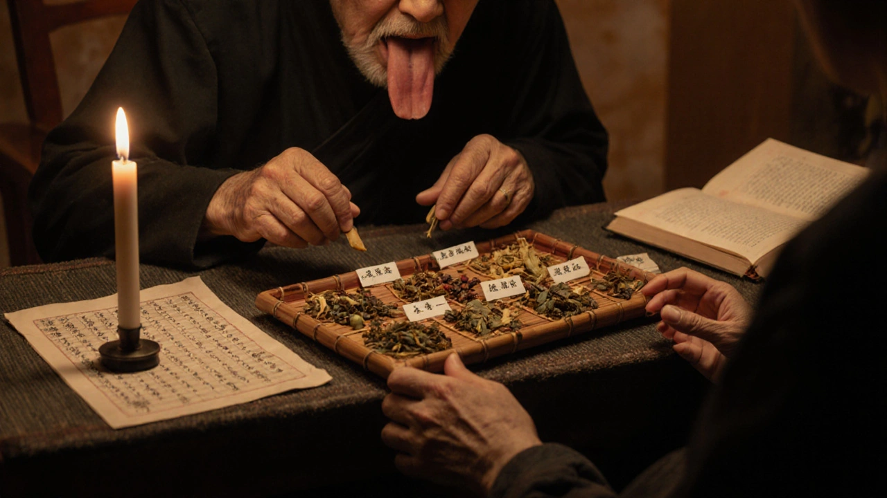 Целитель готовит сложную травяную смесь, осматривая язык пациента при свете свечи.
