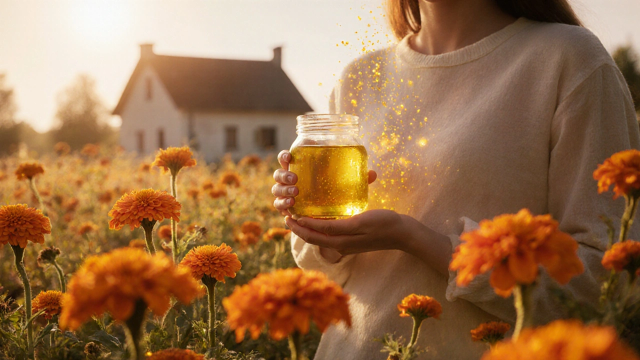 Человек держит банку масла календулы в саду, где цветут оранжевые маргаритки, исцеляющие частицы светятся вокруг.