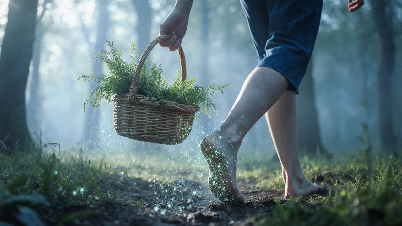 Человек гуляет по весеннему лесу с корзиной трав, светящиеся частицы подчеркивают очищение.