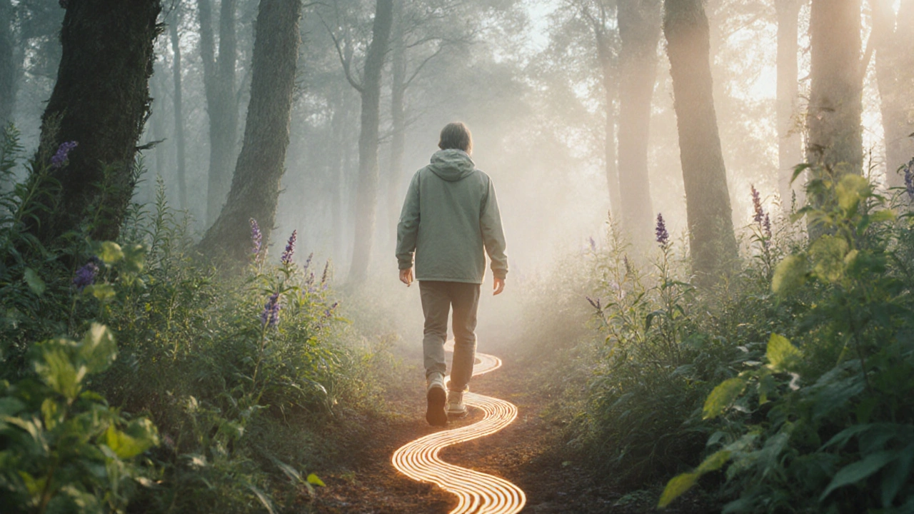 Человек гуляет в лесу на рассвете, вокруг него светятся травы, обозначая улучшение кровообращения