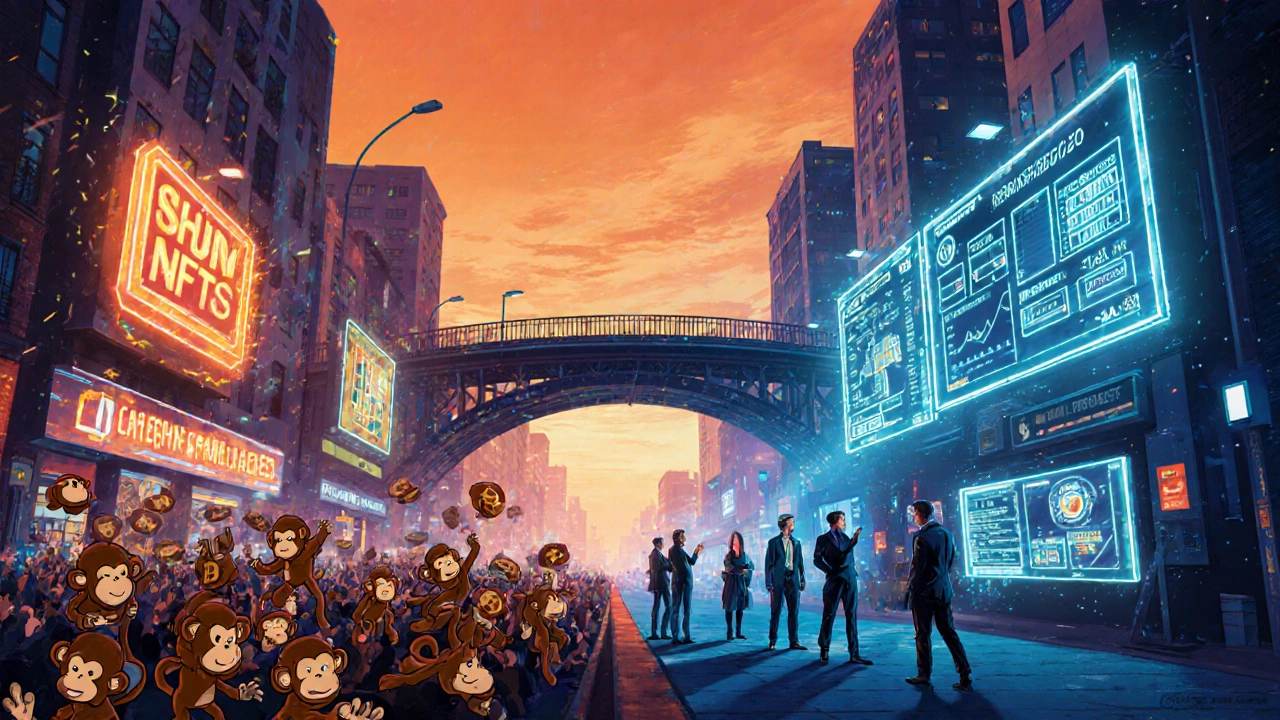 Цифровой рынок: хаос спекуляций слева, устойчивые реальные активы справа, соединённые смарт-контрактами.