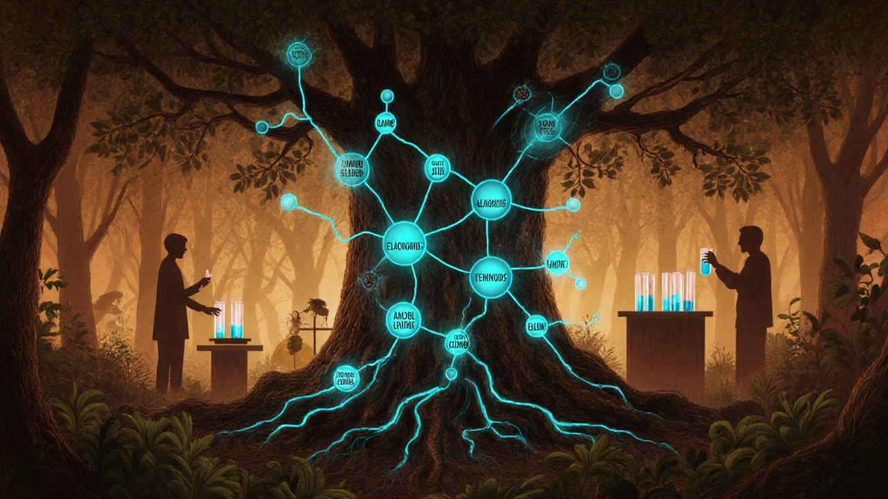 Дерево в лесу с светящимися биохимическими молекулами, защищающими его от вредителей.