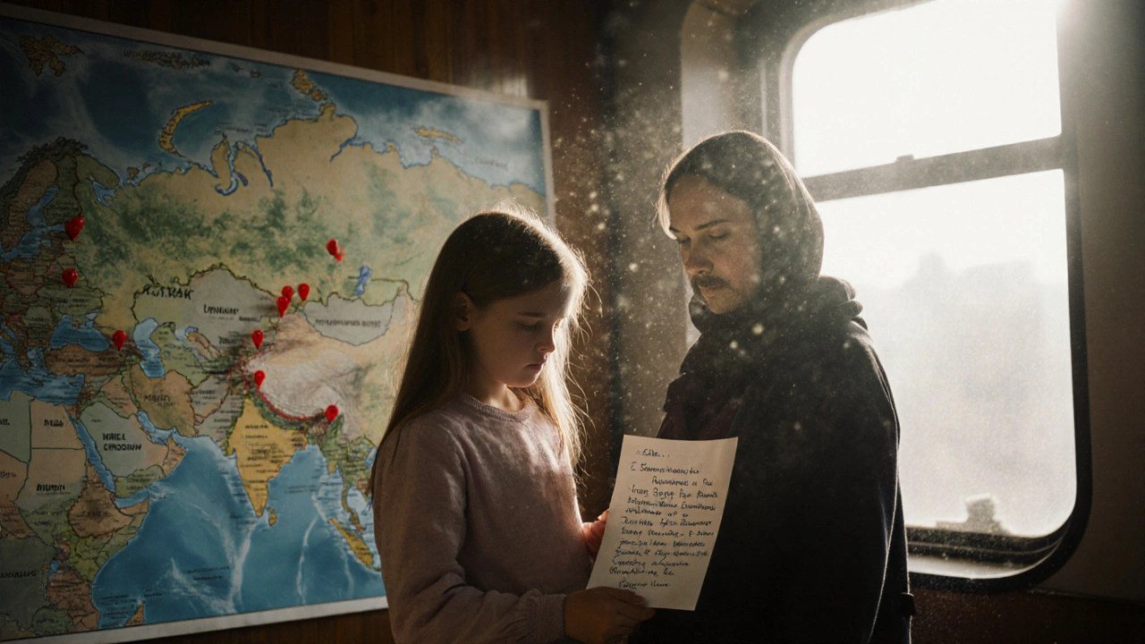 Девочка с письмом от врача стоит на вокзале, глядя на карту России.