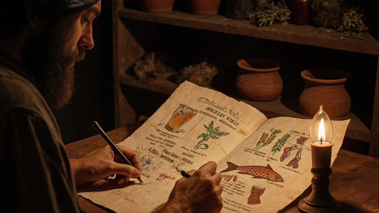 Египетский писец записывает лекарства на папирусе с медом, медью и рыбой.