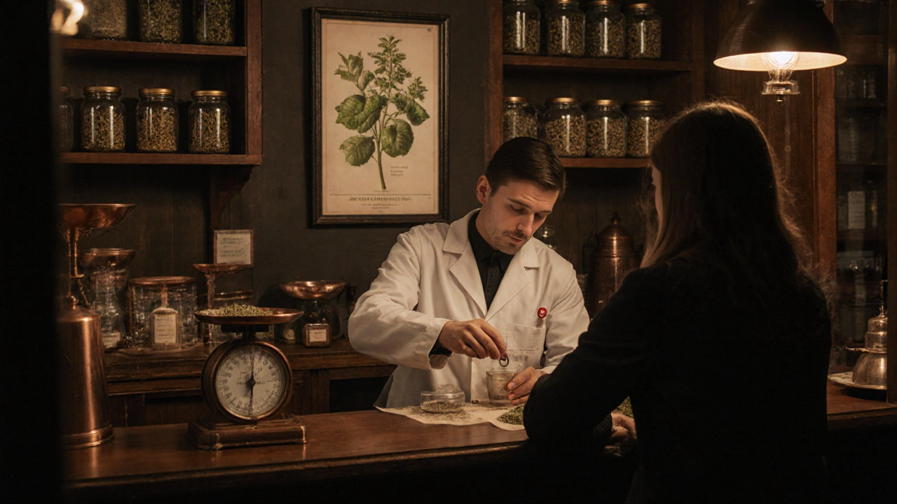 Фармацевт в аптеке готовит травяные сборы с точными дозировками.