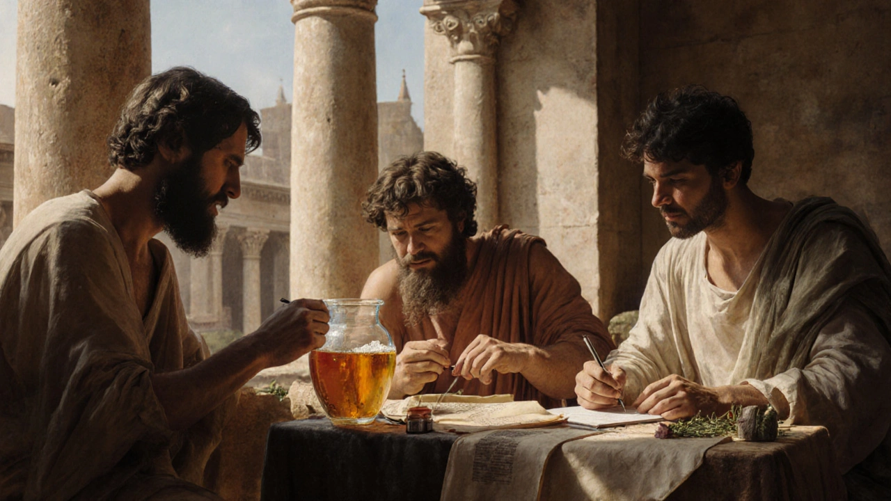 Гиппократ и ученики анализируют мочу и пульс пациента в древнегреческой клинике.