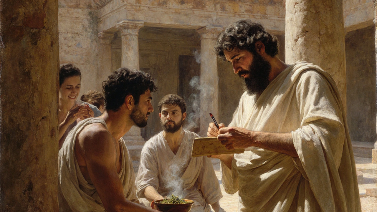 Гиппократ наблюдает за пульсом пациента в древнегреческом дворе.