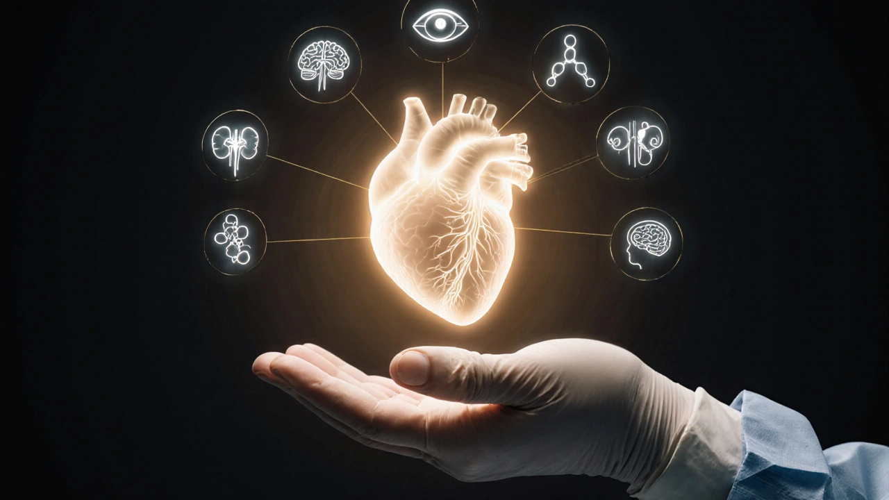 Хирургическая рука держит светящееся сердце, вокруг — символы медицинских специальностей.