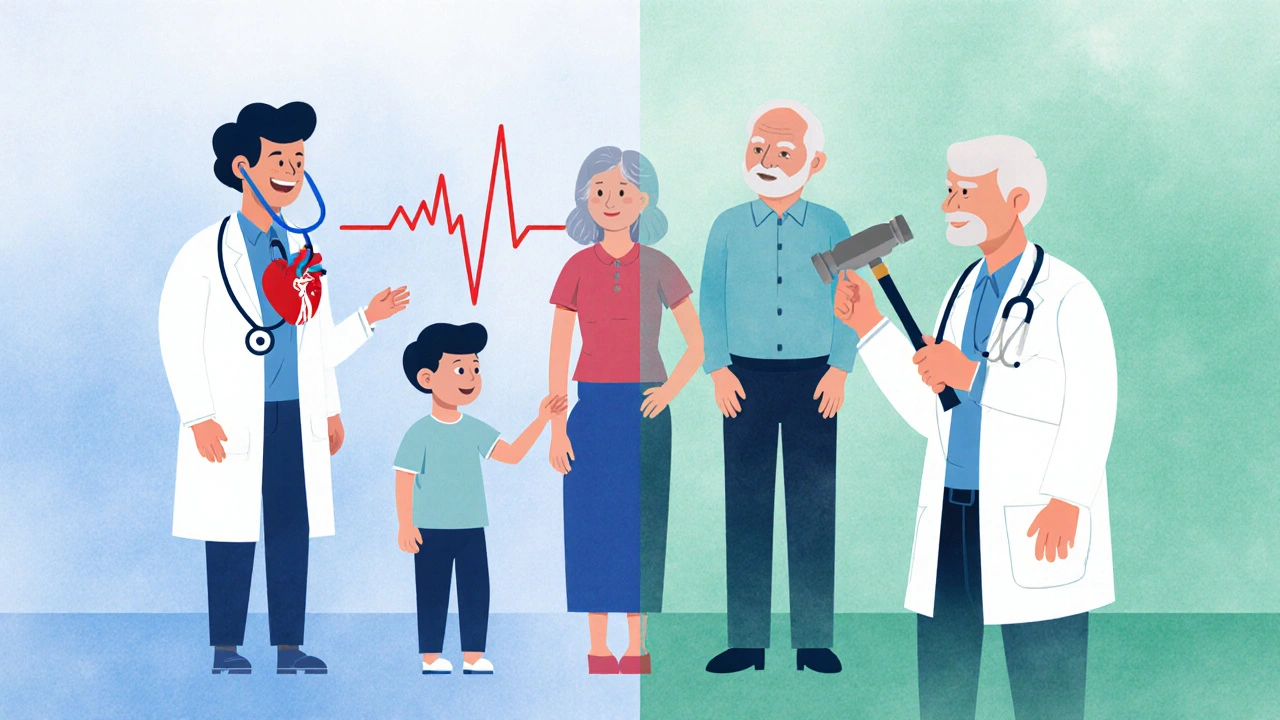 Художественная иллюстрация врачей разных специальностей с пациентами разных возрастов.