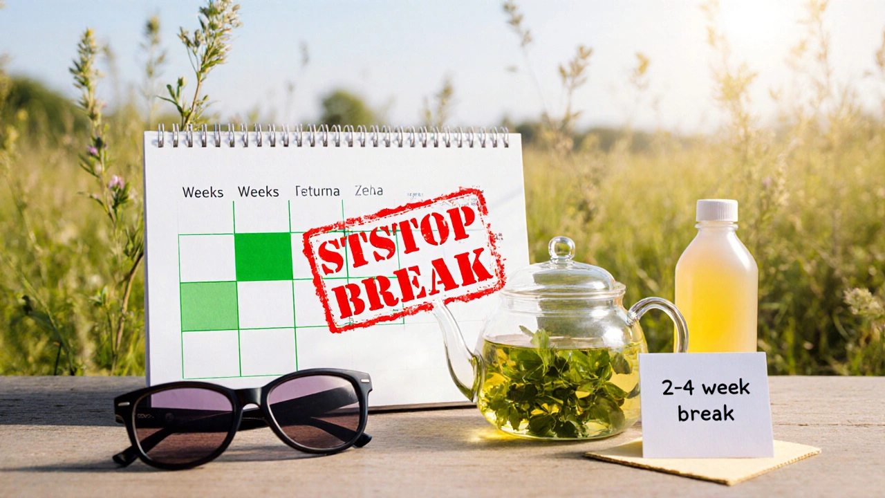 Календарь с пометкой &#039;остановка&#039; рядом с чайником и солнцезащитными средствами для безопасного приёма зверобоя.