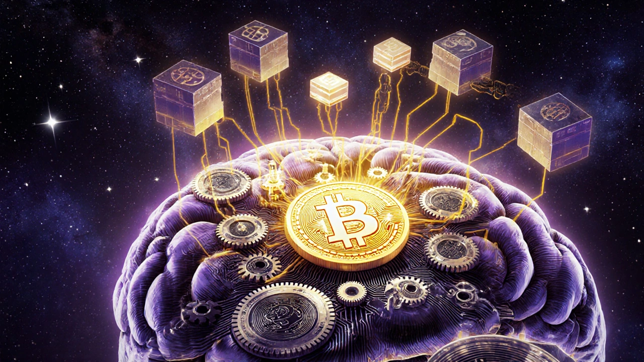 Механический мозг из шестеренок и схем, излучающий энергию, с блокчейном над ним.