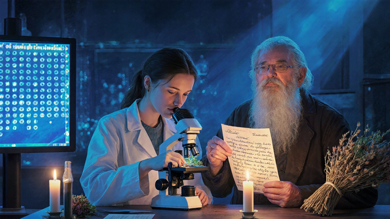 Молодой учёный и старый травник вместе изучают растительные экстракты.