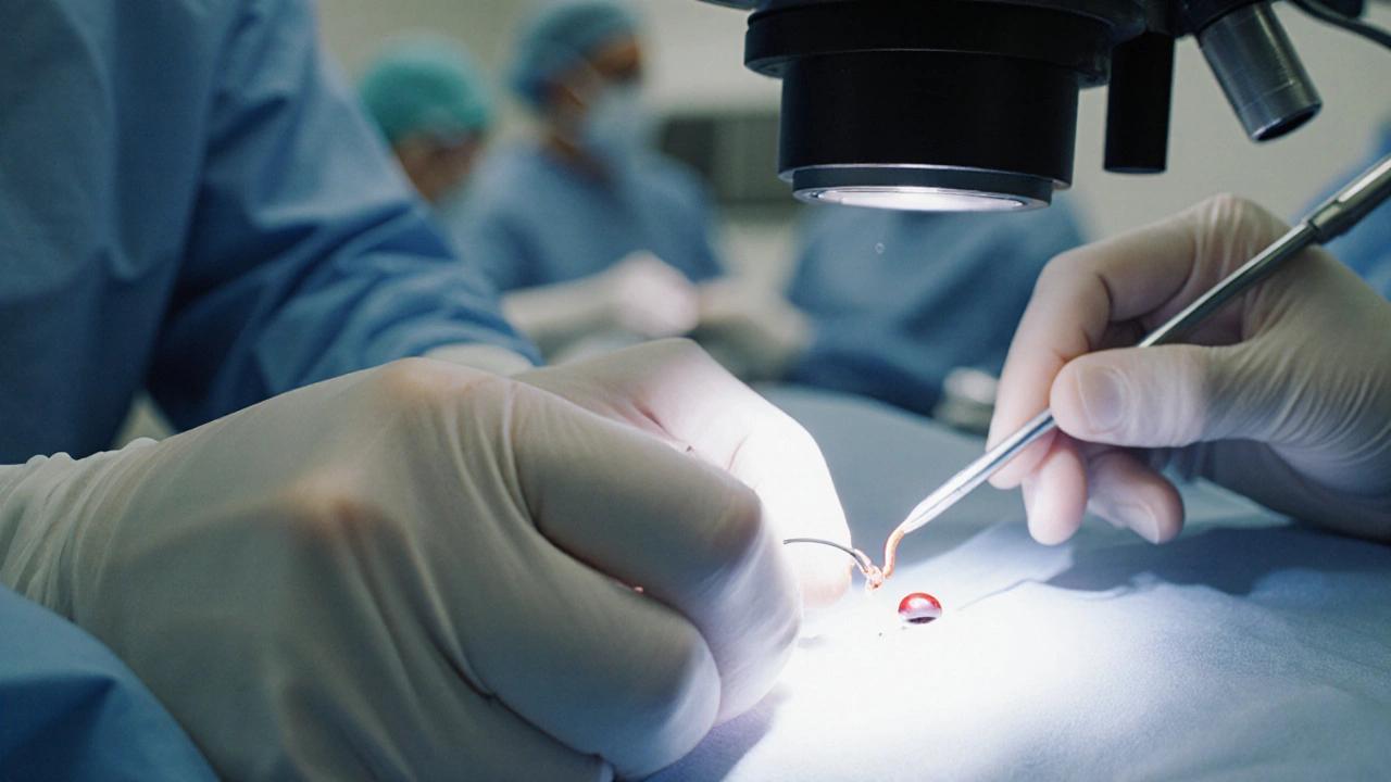 Нейрохирург под микроскопом сшивает нерв тончайшей нитью.