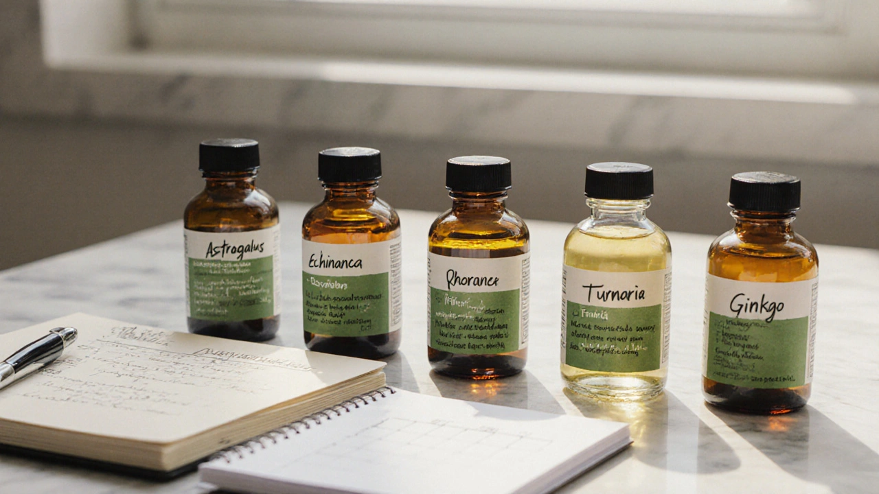 Пять флаконов с травяными экстрактами на мраморной поверхности с блокнотом