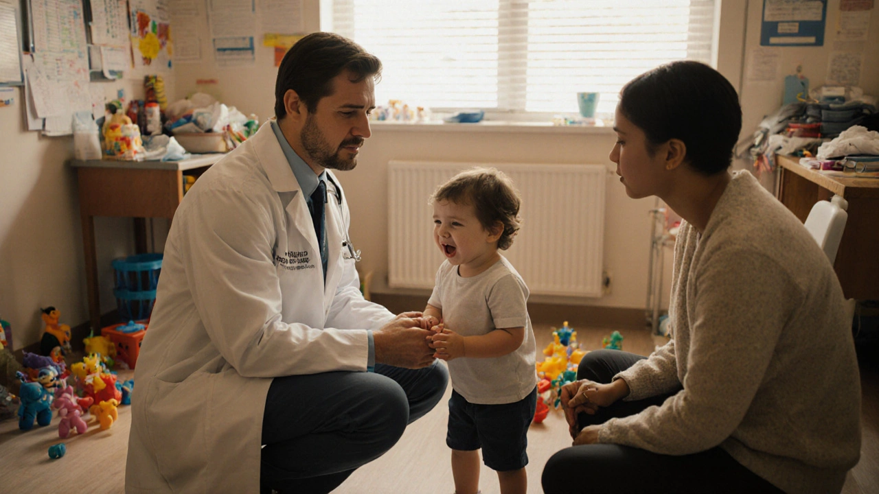 Педиатр присел рядом с плачущим ребенком, родитель смотрит с тревогой — в комнате разбросаны игрушки и бумаги.