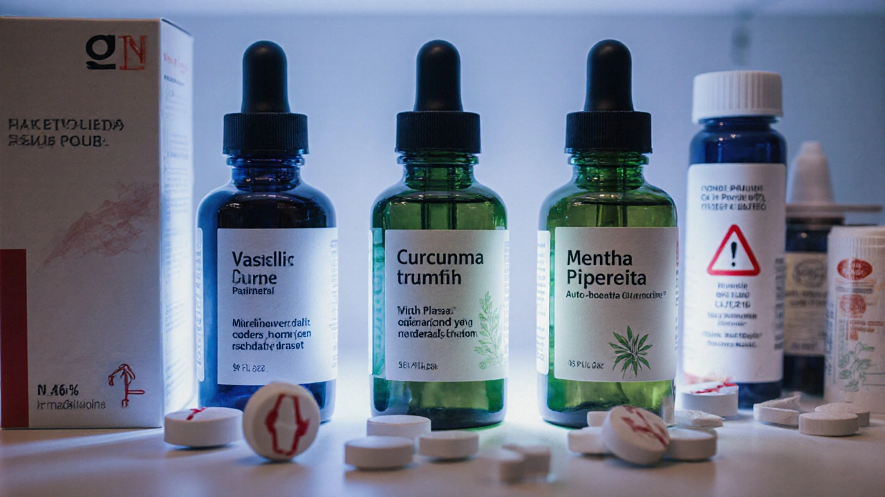 Полка с лекарственными травами в аптеке, каждая бутылка излучает мягкий свет, рядом — таблетки с предупреждениями.