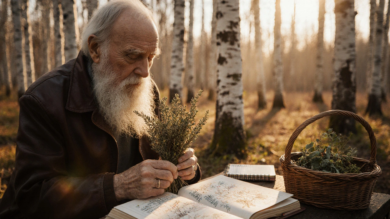 Пожилой травник держит связку высушенных трав рядом с открытым ботаническим атласом в лесу.