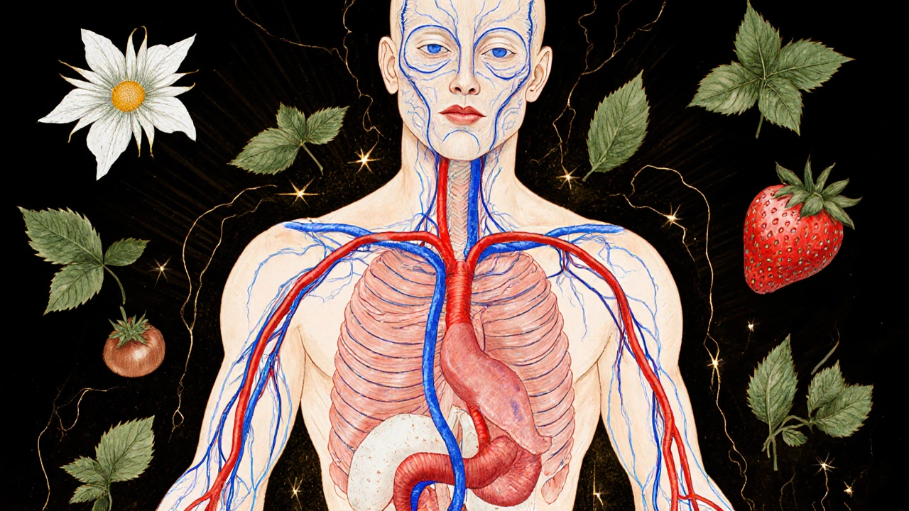 Прозрачное изображение тела с кровотоком и лимфотоком, окруженным листьями бузины и конского каштана.