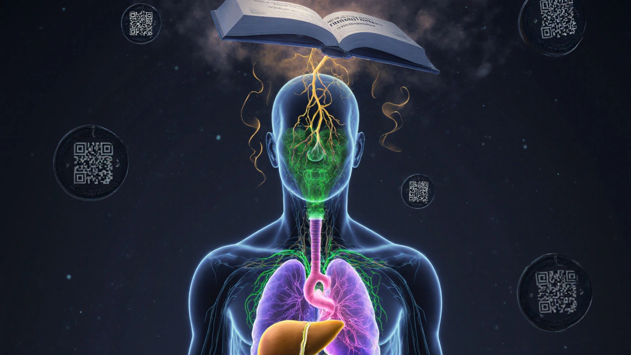 Прозрачное тело с растительными экстрактами, влияющими на органы, в научно-мистическом стиле.