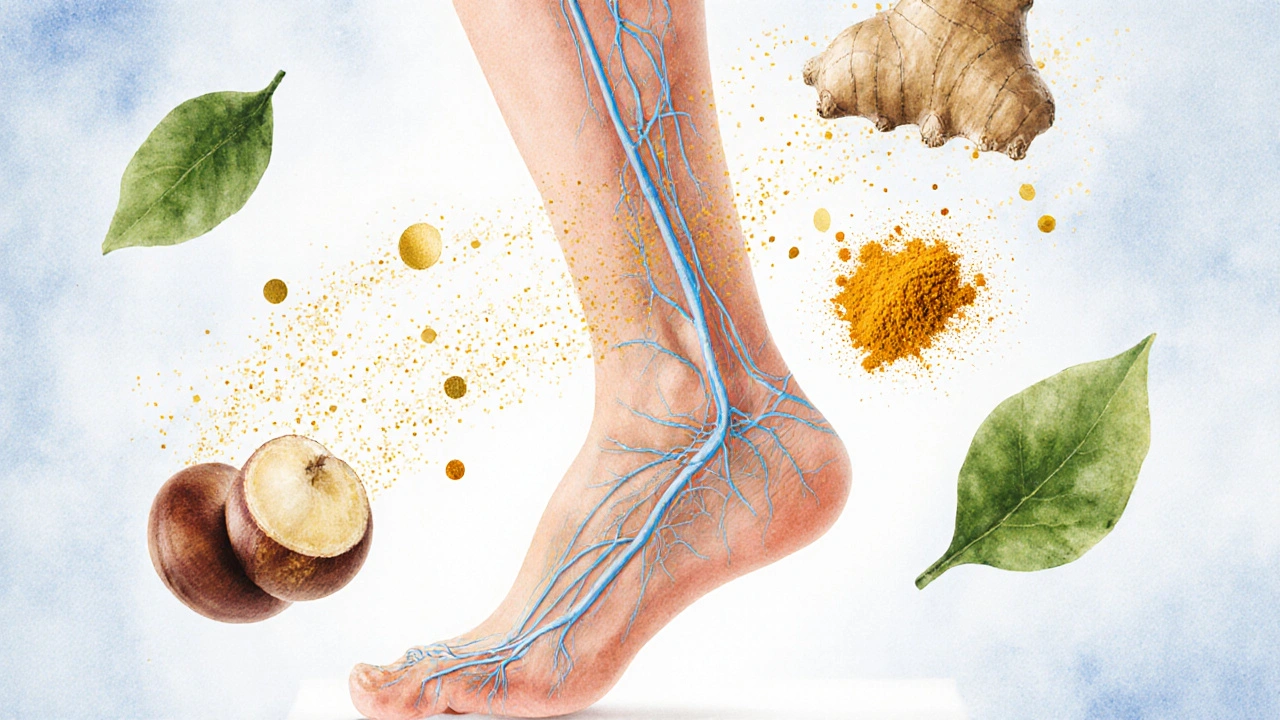 Прозрачные вены ноги, окутанные частицами куркумы и имбиря, символизирующие улучшение кровотока