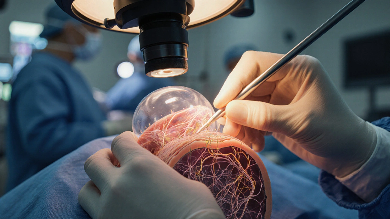 Руки хирурга выполняют микрохирургическое вмешательство, видны нервы и сосуды под тканями.