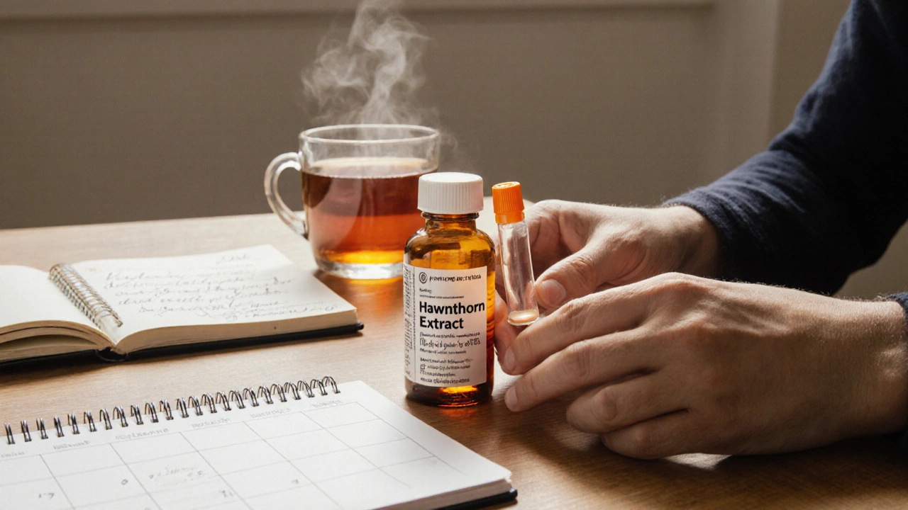 Руки кладут флакон с экстрактом боярышника рядом с таблетками от гипертонии и чашкой чая на деревянном столе.