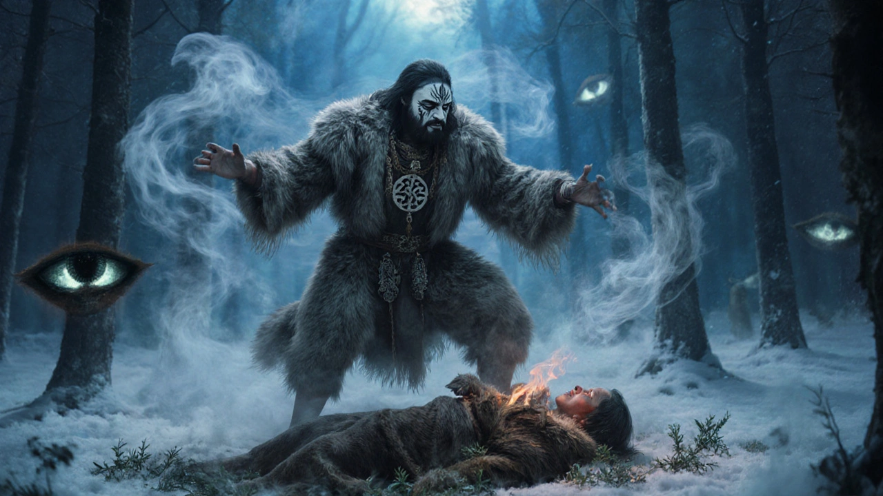 Шаман в танце с дымом и духами лечит больного в лесу под лунным светом.