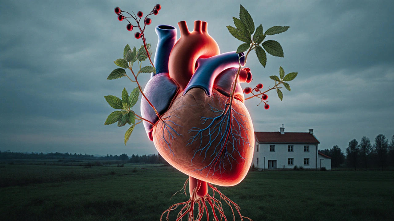 Сердце с растительными элементами: боярышник, пустырник, мята, растущими из него, на фоне русской природы.