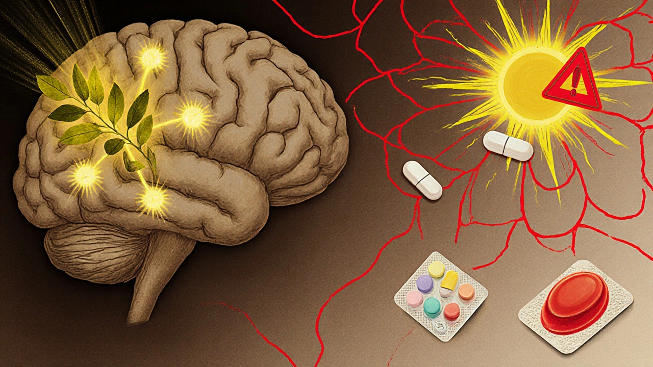 Схема мозга, где зверобой влияет на нейромедиаторы и вызывает опасные взаимодействия с лекарствами.