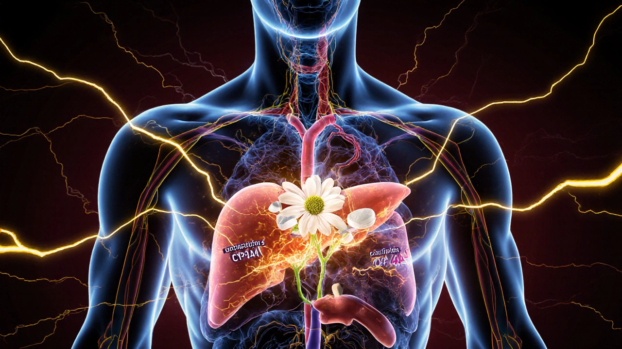 Схематичное изображение тела, где зверобой разрушает действие лекарств в печени.