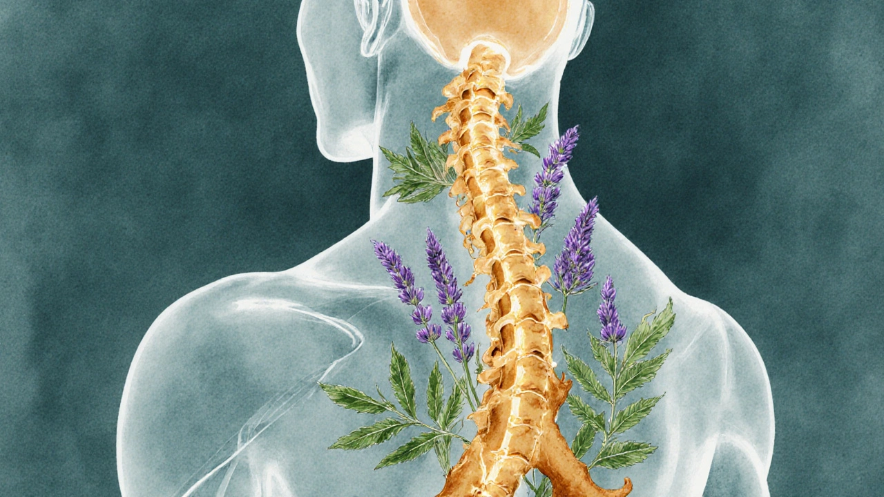 Схематичное изображение тела с растительными элементами: куркума, лаванда и крапива, символизирующими лечение воспалений и стресса.