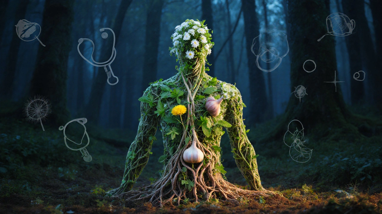 Силуэт человека, составленный из корней и листьев лекарственных растений, растущих из земли, символизируя природное исцеление.