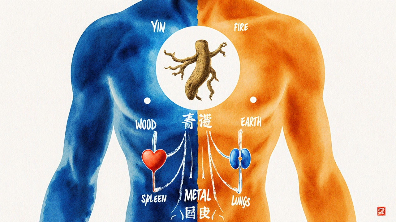 Символическое изображение баланса Инь и Ян в теле человека с пятью элементами и корнем женьшеня.
