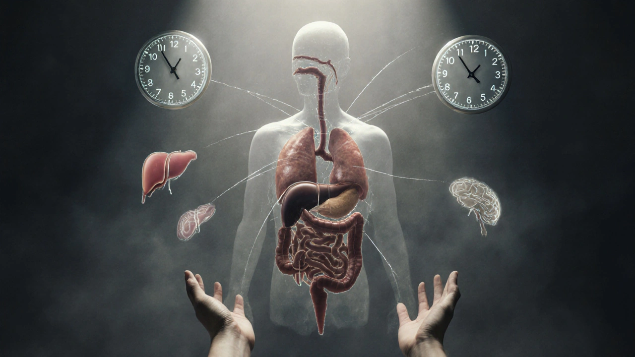 Символическое изображение человеческих органов, соединённых световыми нитями с руками, олицетворяющими хирургическое упорство.