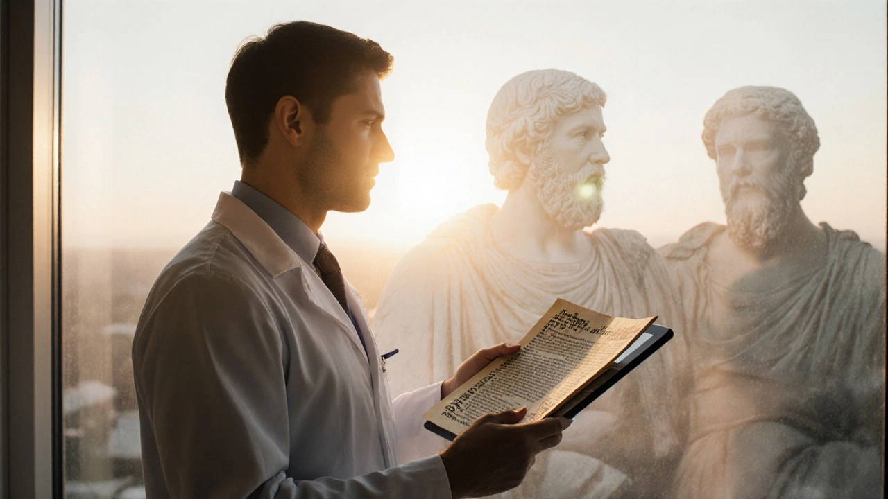 Современный врач держит клятву Гиппократа рядом с медицинским планшетом, за окном — рассвет.