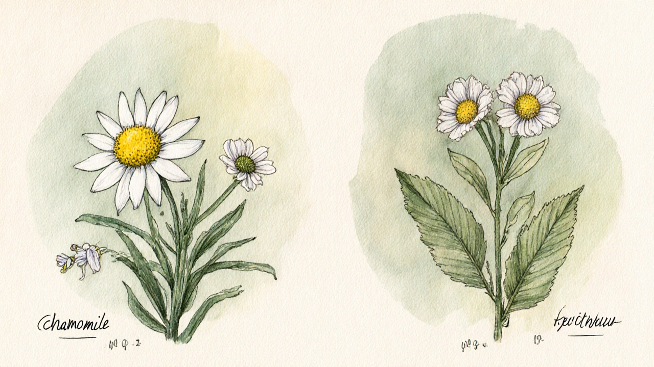Сравнение двух похожих растений: аптечная ромашка и ядовитое пиретрум, показаны детали листьев и цветков.