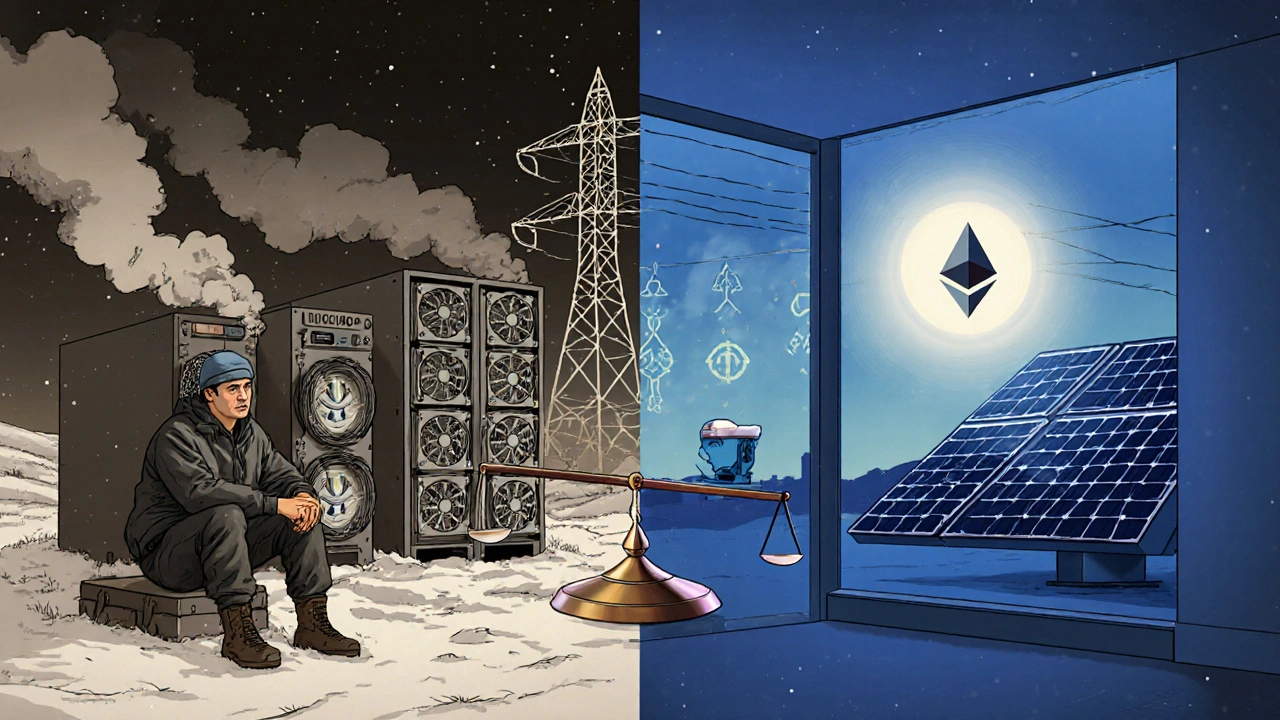 Сравнение майнинга: слева — майнер под снегом, справа — солнечный узел Ethereum.