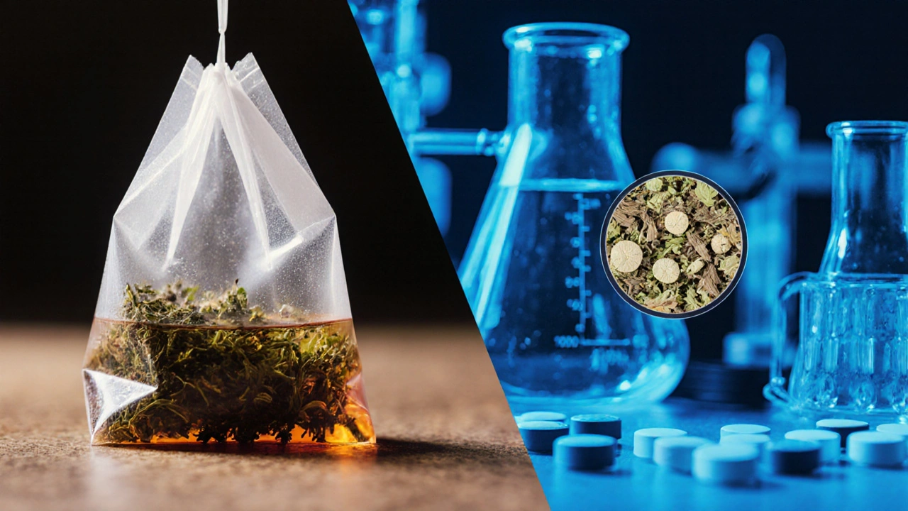 Сравнение пакетика трав и стандартизированного фитопрепарата в лаборатории.