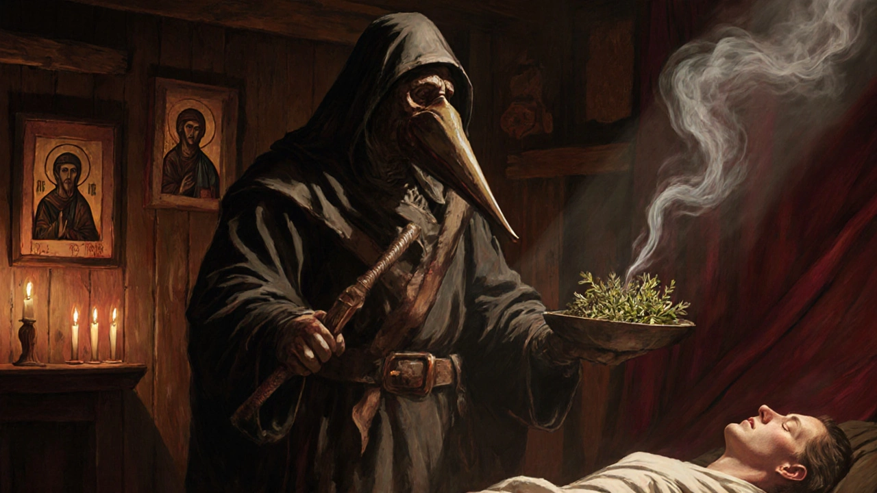 Средневековый врач в костюме чумного доктора с ароматическими травами в клюве.