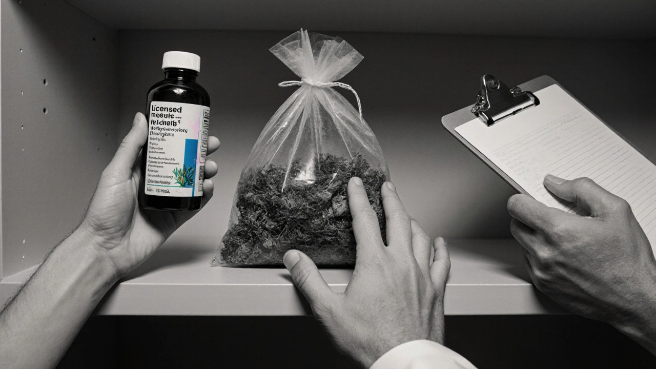 Три руки тянутся к полке с лекарственными травами: аптечные, собранные в лесу и врачебная.