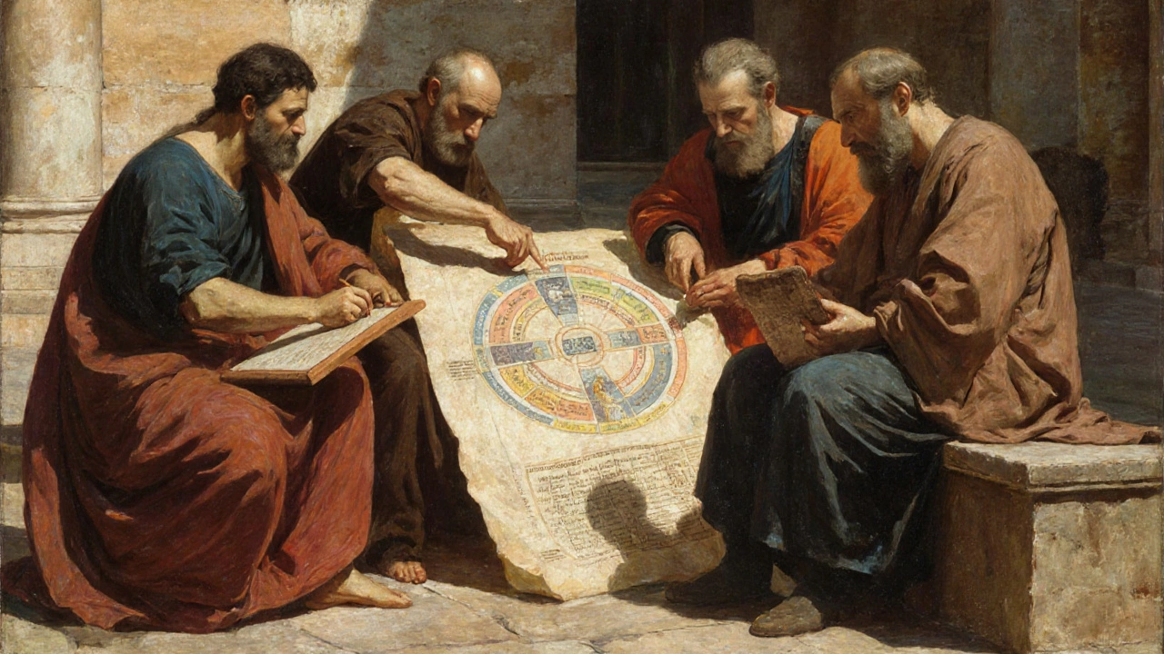 Учёные в древнем дворе записывают симптомы пациентов, изучая схему четырёх соков на пергаменте.