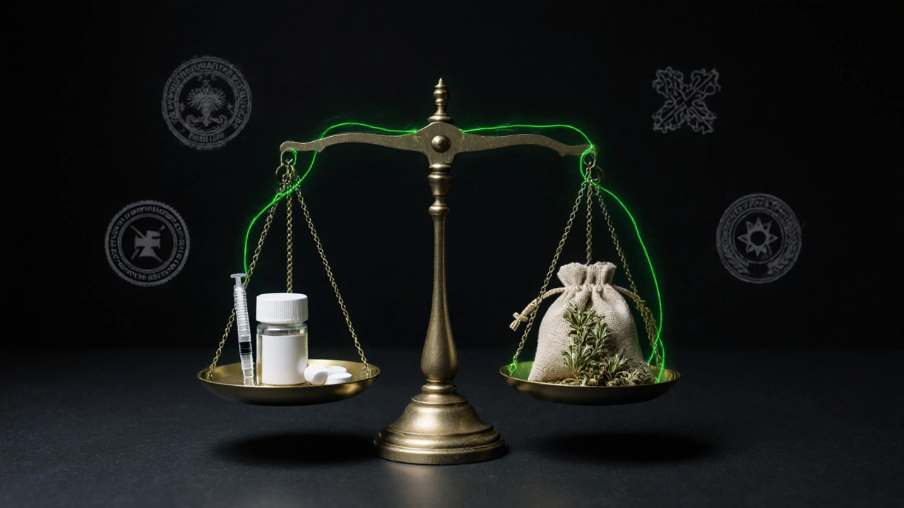 Весы с лекарствами и травами, соединённые светящейся нитью, символизирующие интеграцию медицины.