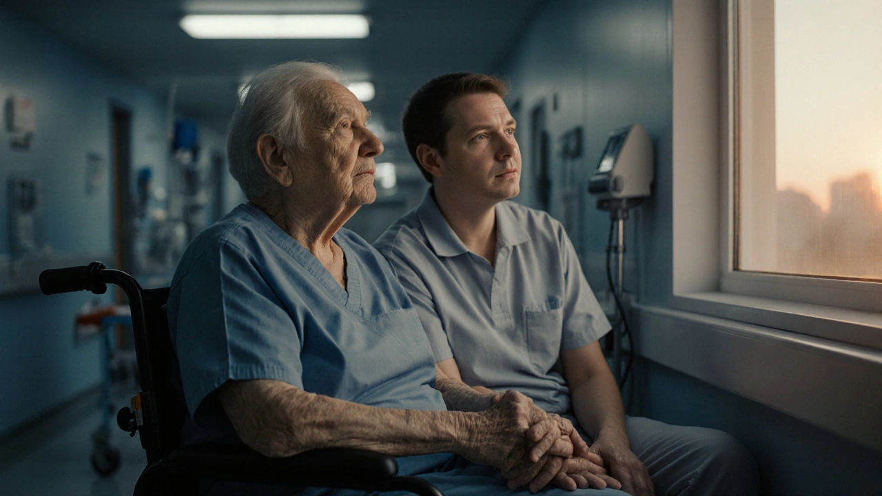 Волонтер держит руку пожилого пациента в коридоре больницы, солнечный свет падает на их руки.